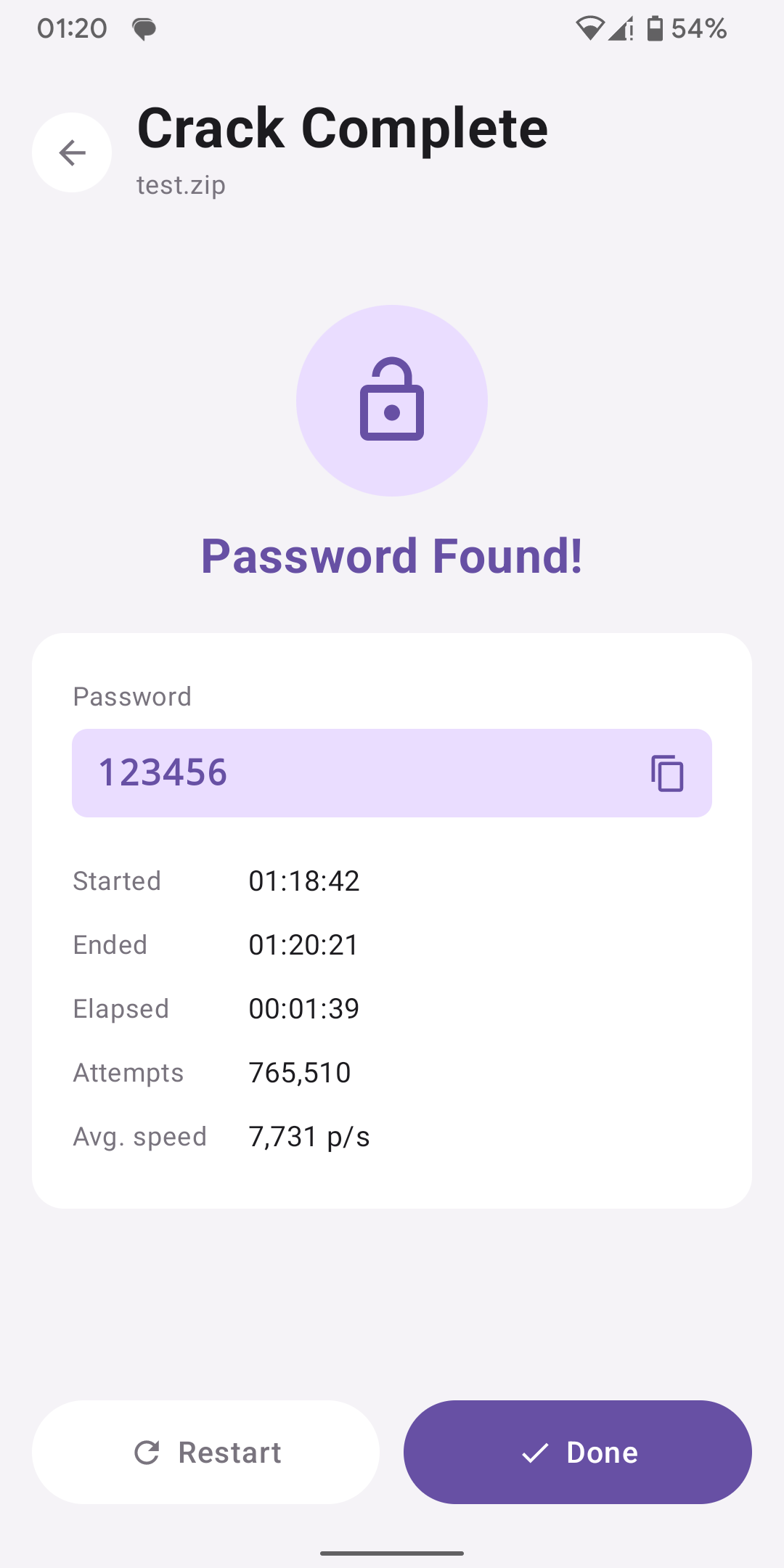 Password recovered successfully